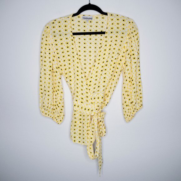 Ganni Floral Crepe Wrap Top Maize G32 - Picture 3 of 10